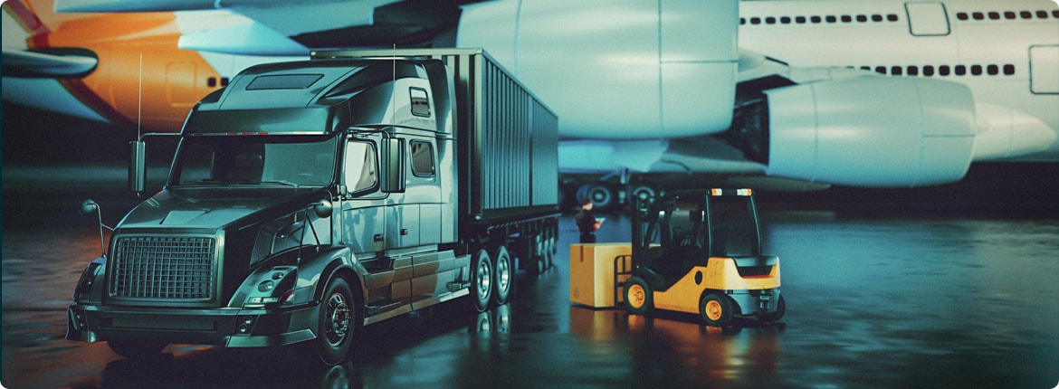 Truck and container being loaded at a warehouse dock