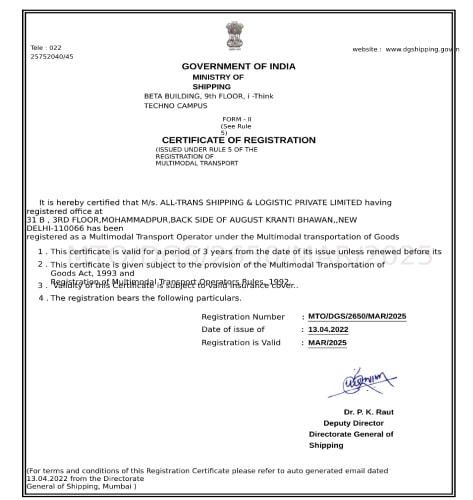 MTO Certificate, issued by Directorate General of Shipping, Ministry of Shipping, Government of India