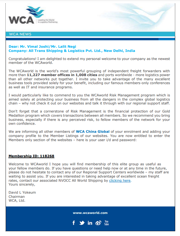 WCA Certificate, issued by WCA World